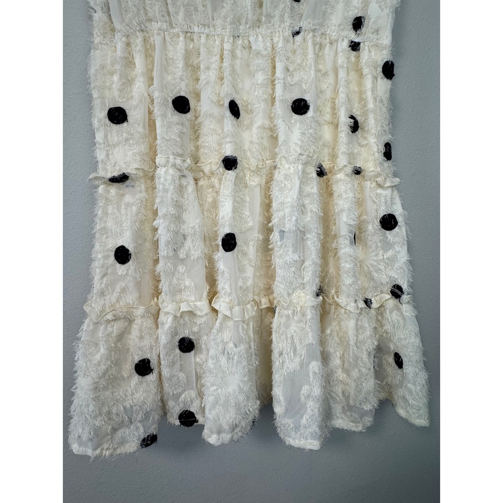 NWT Polka Dot Eyelash Fringe Cream Tiered Dress V-Neck Puff Sleeve Cream Med 6 8 - Picture 7 of 16